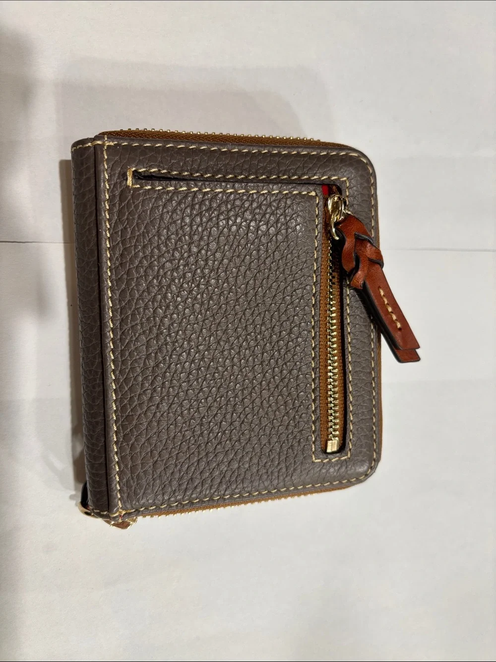 Dooney & Bourke Gray Pebbled Leather Zip Card Wallet with Brown Trim